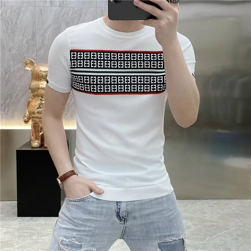 Jinquedai Summer Knitted T-shirt Men High Quality Short Sleeve Casual T-Shirt Ice Silk Breathable Streetwear Round Neck Tee Tops