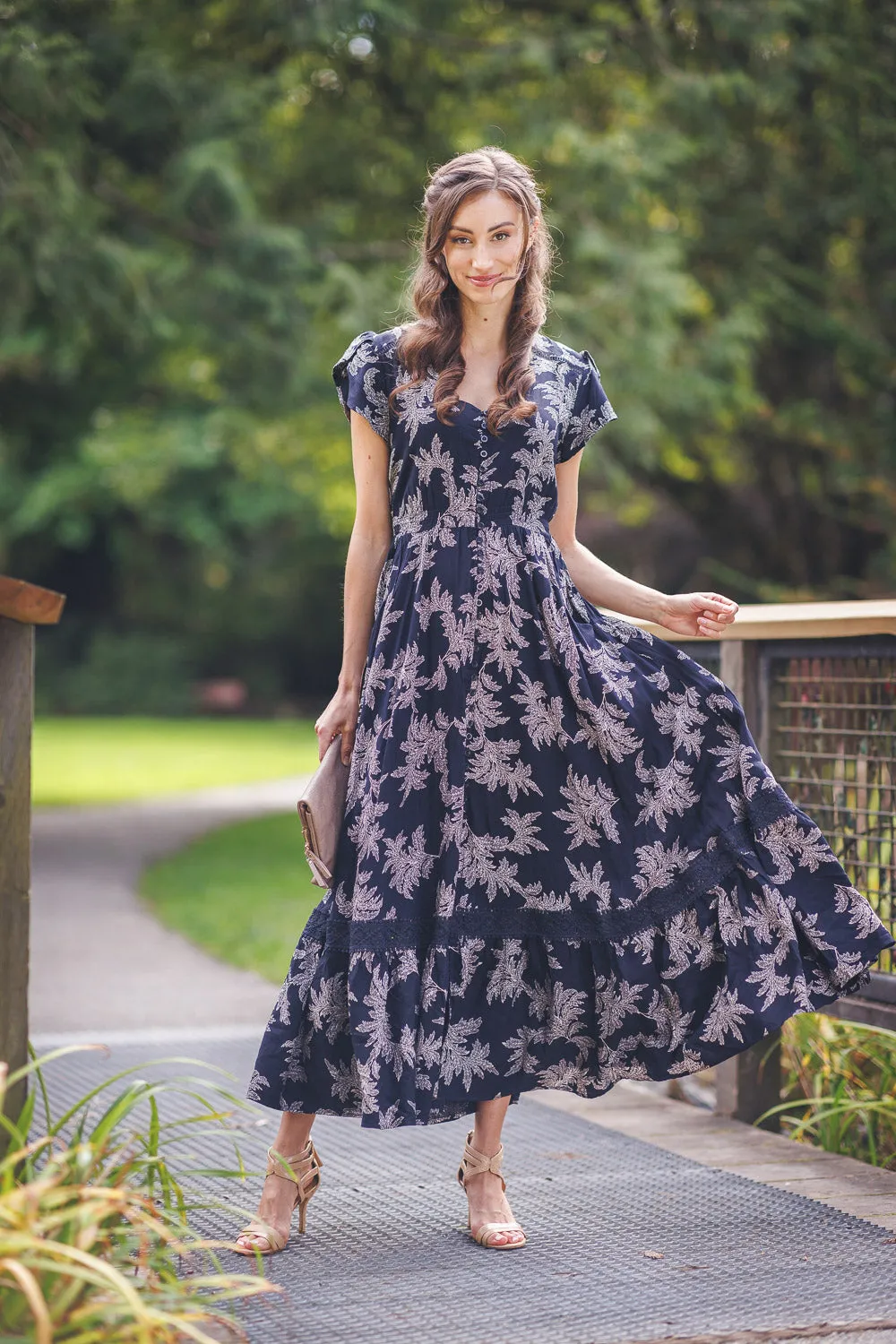 Papillon PD18600 Navy Leaf Print Short Sleeve Maxi Dress